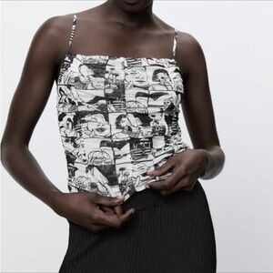 Zara Women’s Black & White Sheer Tulle Mesh Comic Print Camisole